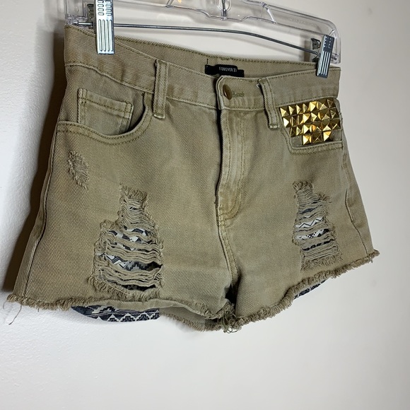 Forever 21 | Green Gold Studded Distressed Shorts - Picture 2 of 10